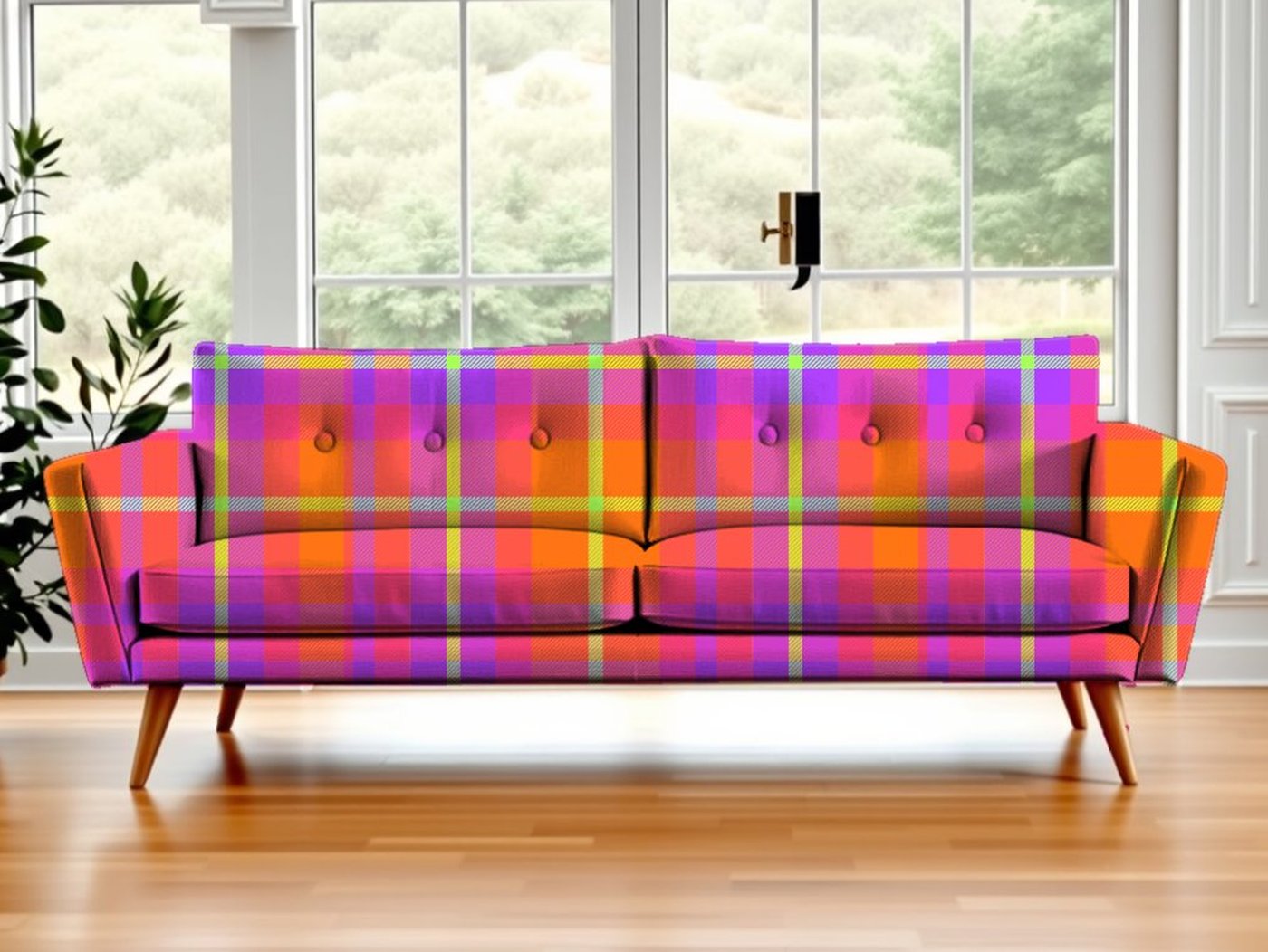 Plaid pattern on a sofa in a sunlit living room
