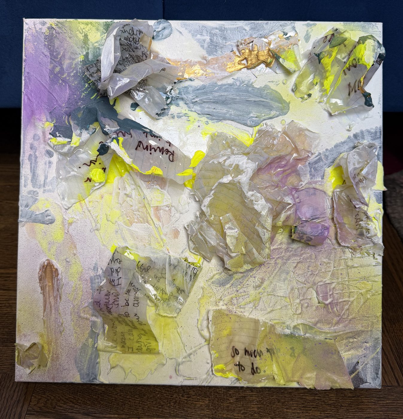 Lilac, yellow and grey mixed media canvas with resin-sculpted handwritten paper