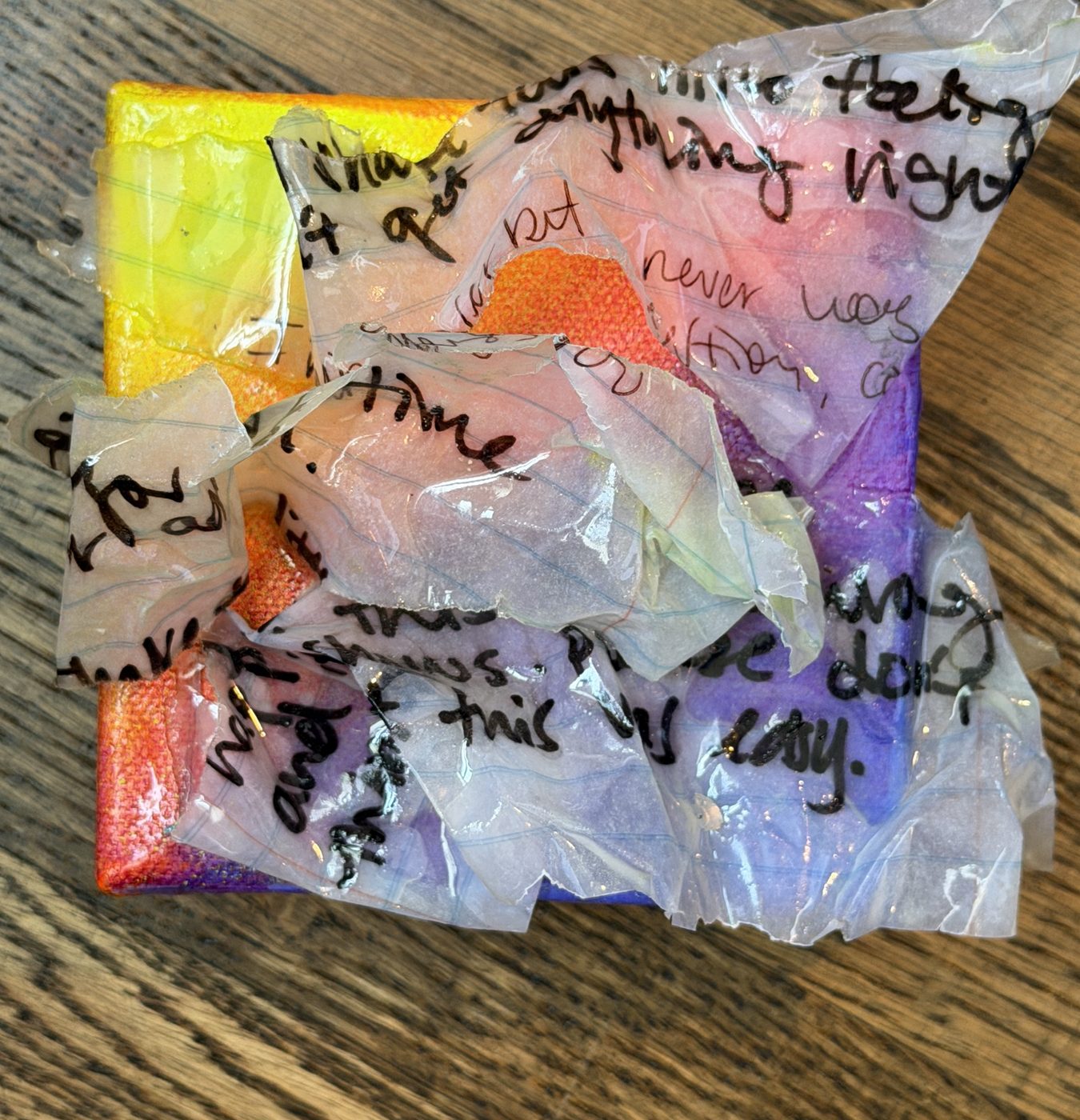 Mini canvas in yellow, orange and violet wrapped in handwritten resin paper