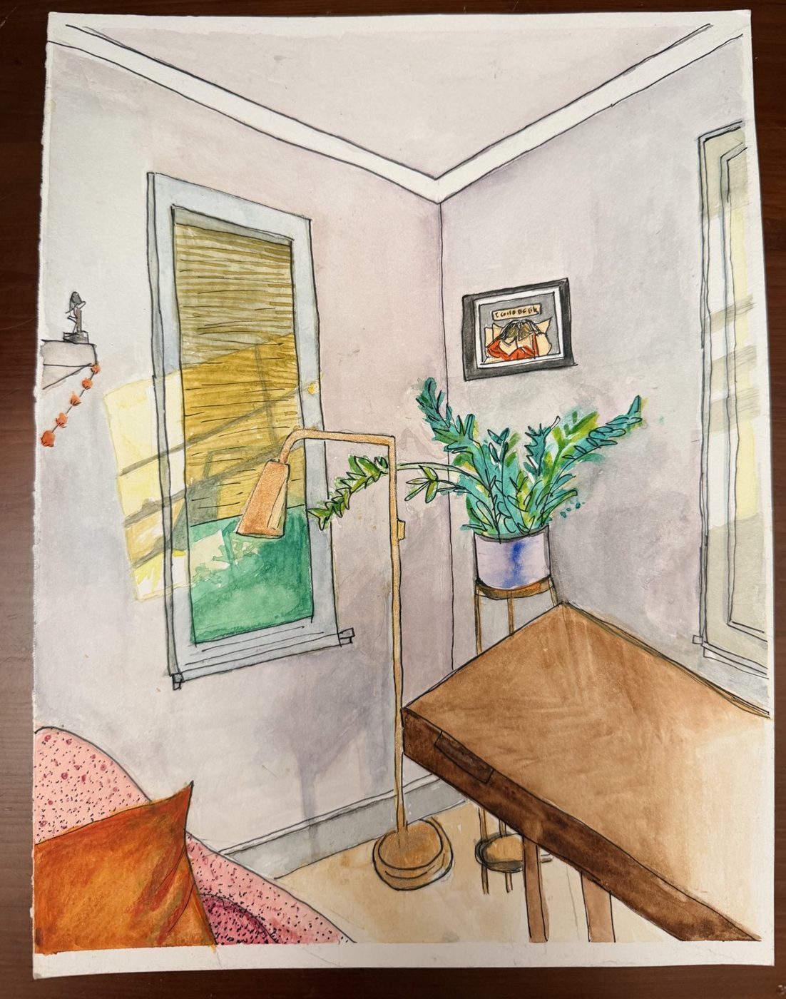 Watercolor and ink drawing of a room corner with a window, lamp, plant and wooden table